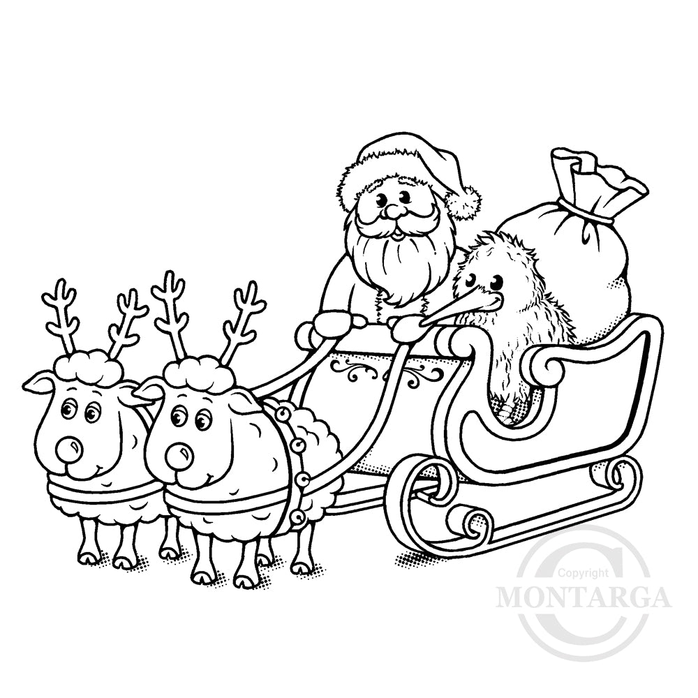 2396 GG - Kiwi, Father Christmas Santa Sleigh Rubber Stamp