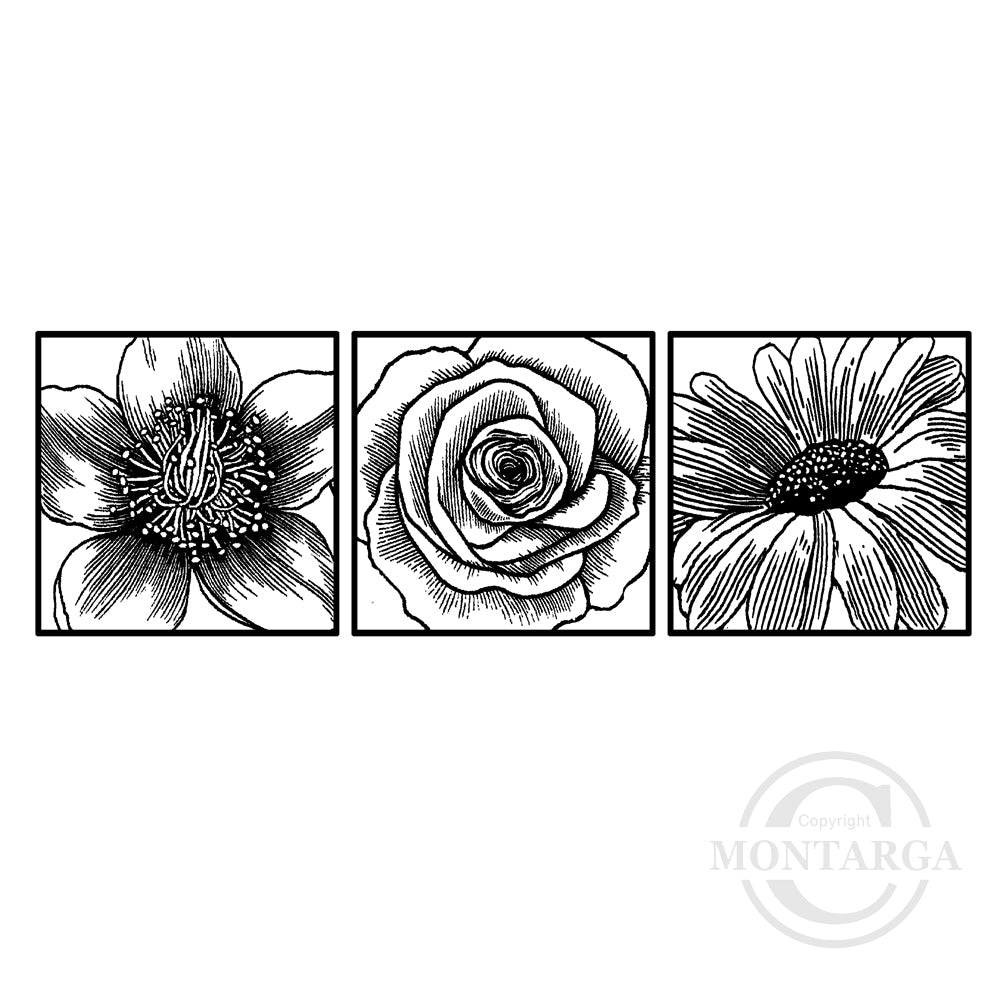 3447 FFF - Three Flowers Framed Rubber Stamp