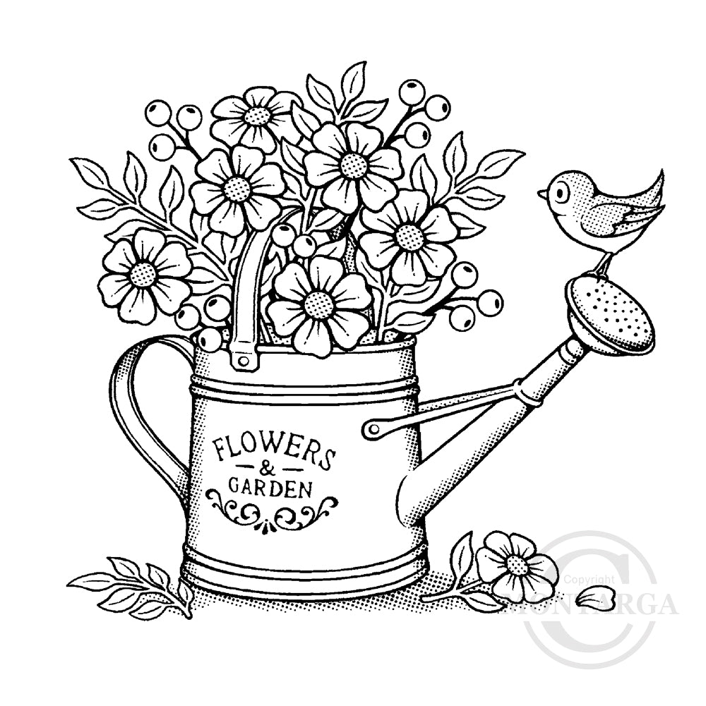 3454 G or H - Watering Can with Flowers Rubber Stamp