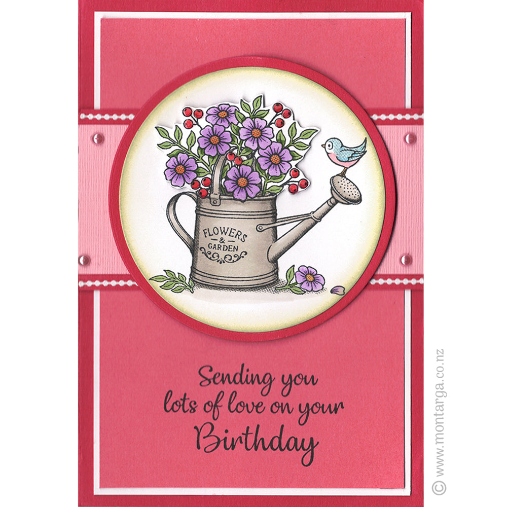 3454 G or H - Watering Can with Flowers Rubber Stamp