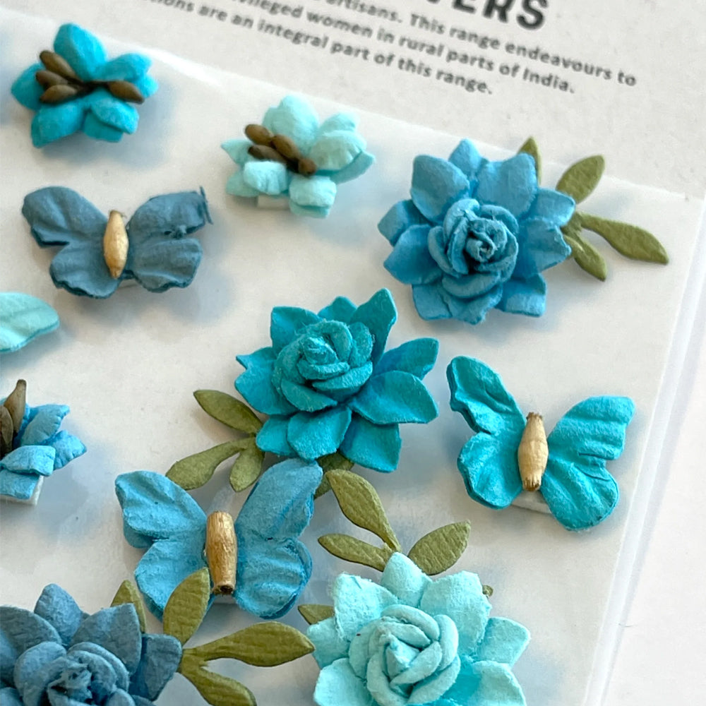 Little Birdie Cloria Paper Flowers and Butterflies - Aqua Splash