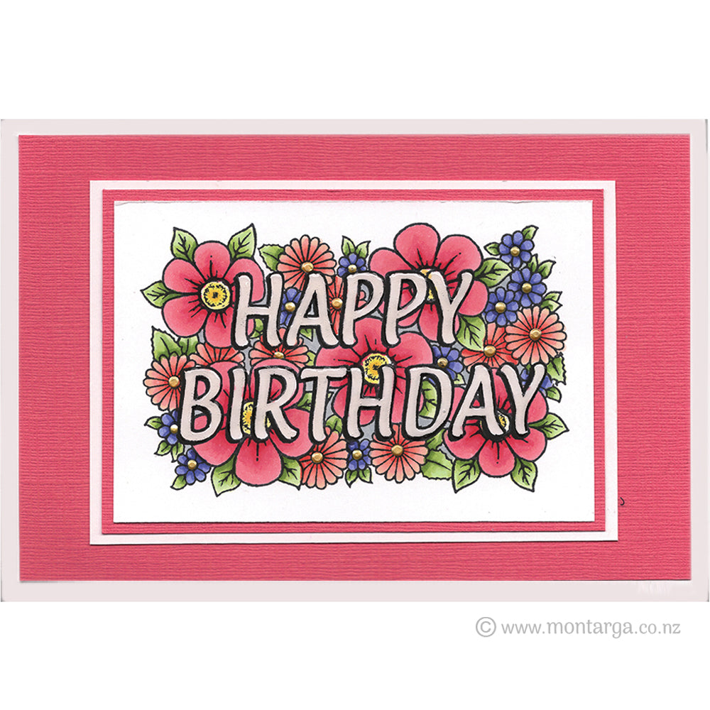 2838 GG - Flowery Happy Birthday Wording Rubber Stamp