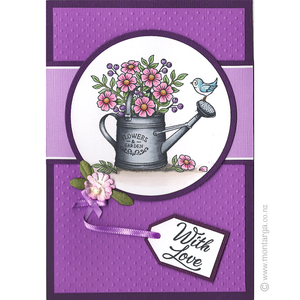 3454 G or H - Watering Can with Flowers Rubber Stamp